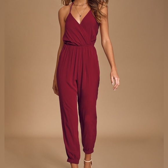 Lulus Pants - 𝅺Lulu’s Learning To Fly burgundy flowy jogger fit halter jumpsuit